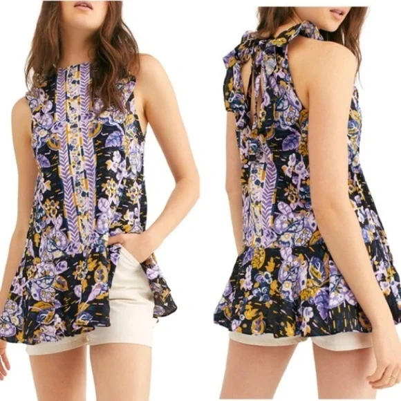 Free People Summer In Tulum Boho Linen Tunic Top Mini Dress Black Purple Medium - Picture 13 of 13